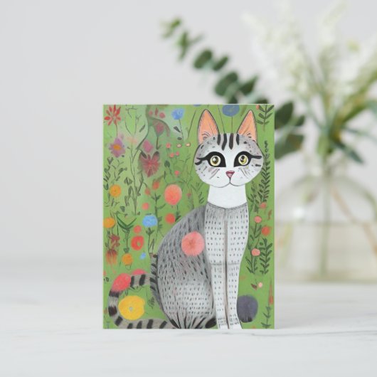 Kat in Flowers Folk Art Card Briefkaart (Staand voorkant)