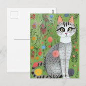 Kat in Flowers Folk Art Card Briefkaart (Voorkant / Achterkant)