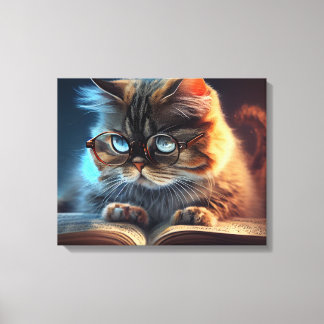 Kat in glazen die een boek lezen canvas afdruk