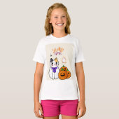 Kat in Halloween-stijl met pompoenen en geesten T-shirt (Voorkant volledig)