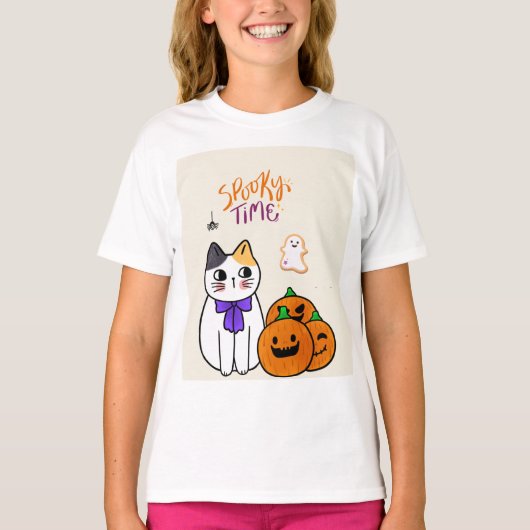 Kat in Halloween-stijl met pompoenen en geesten T-shirt (Voorkant)