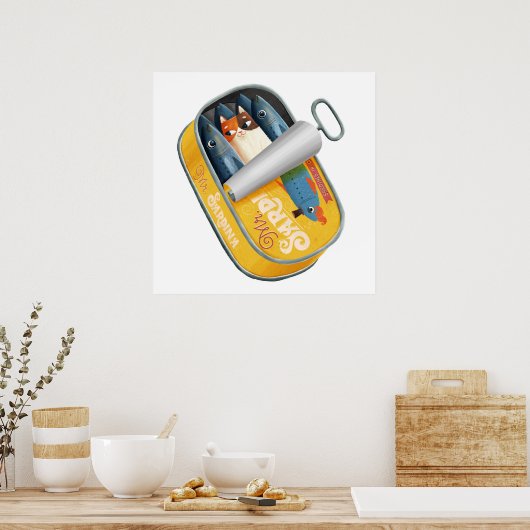 Kat in het blik van sardines poster (Keuken)