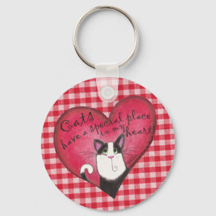 Kat in het hart op rode en witte gingham sleutelhanger
