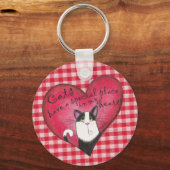 Kat in het hart op rode en witte gingham sleutelhanger (Voorkant)