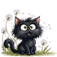 Kat in het land van pluizige paardenbloemen