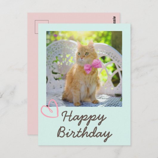 kat in het lint en de gelukkige verjaardag briefkaart (Voorkant / Achterkant)