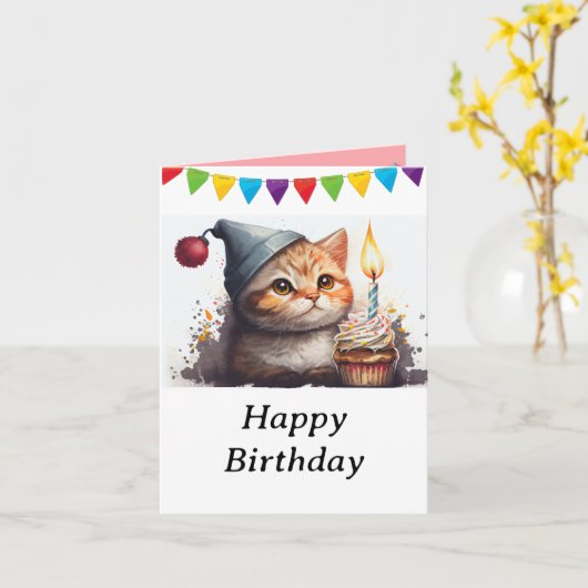 kat in het lint en Happy Birthday Kaart (Gele Bloem)