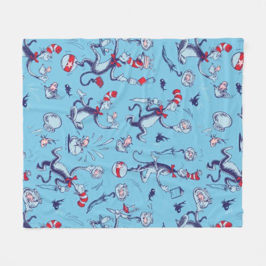 Kat in het Pet | Blauw patroon Fleece Deken (Voorkant (Horizontaal))