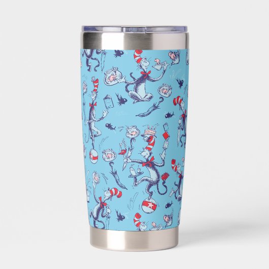 Kat in het Pet | Blauw patroon Geïsoleerde Drinkbeker (Achterkant)