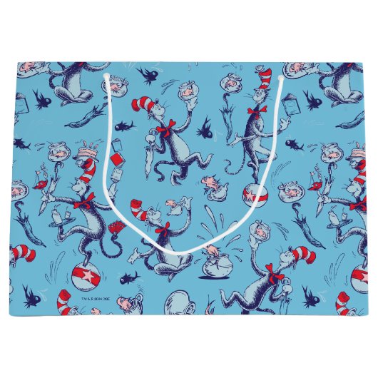 Kat in het Pet | Blauw patroon Groot Cadeauzakje (Voorkant)