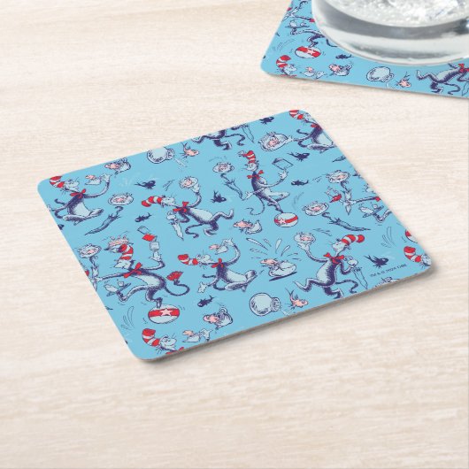 Kat in het Pet | Blauw patroon Kartonnen Onderzetters (Schuin)