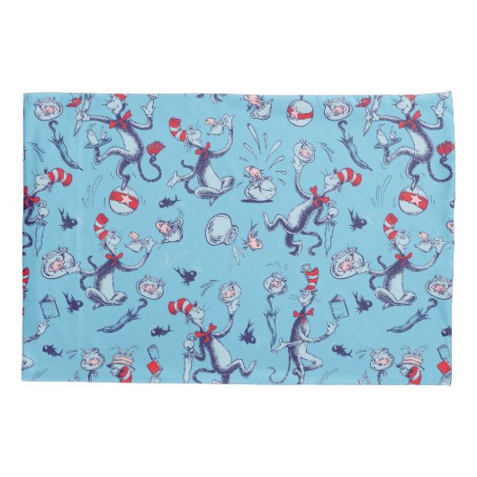 Kat in het Pet | Blauw patroon Kussensloop (Achterkant-Links)