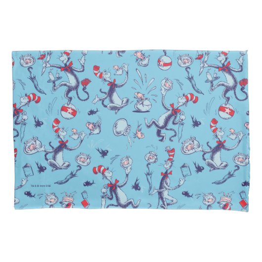 Kat in het Pet | Blauw patroon Kussensloop (Voorkant-Links)