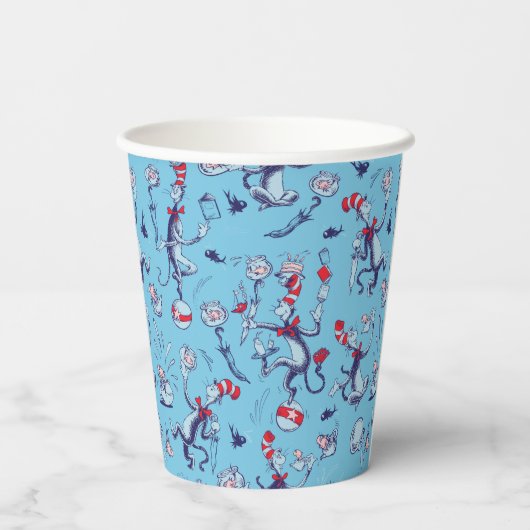 Kat in het Pet | Blauw patroon Papieren Bekers (Achterkant)