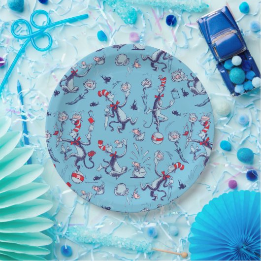 Kat in het Pet | Blauw patroon Papieren Bordje (Feest)