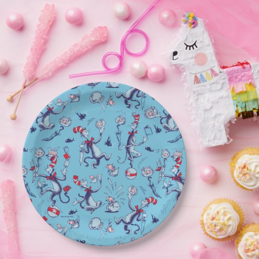 Kat in het Pet | Blauw patroon Papieren Bordje (Feest)