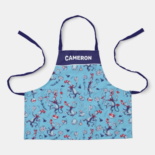 Kat in het Pet | Blauw patroon Schort (Voorkant)