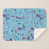 Kat in het Pet | Blauw patroon Sherpa Deken (Voorkant (horizontaal))