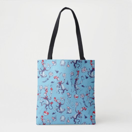Kat in het Pet | Blauw patroon Tote Bag (Voorkant)