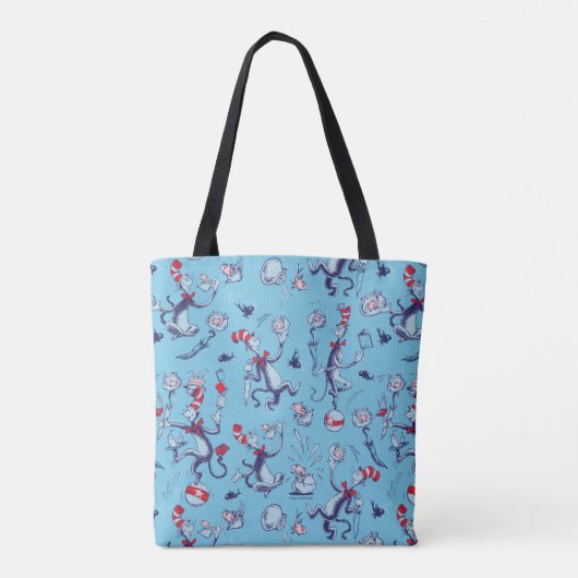 Kat in het Pet | Blauw patroon Tote Bag (Achterkant)