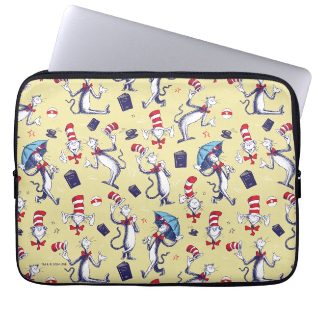 Kat in het Pet | geel patroon Laptop Sleeve (Voorkant)