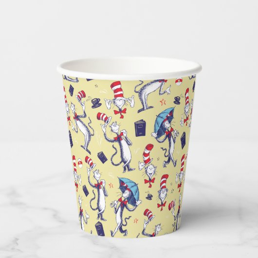 Kat in het Pet | geel patroon Papieren Bekers (Achterkant)