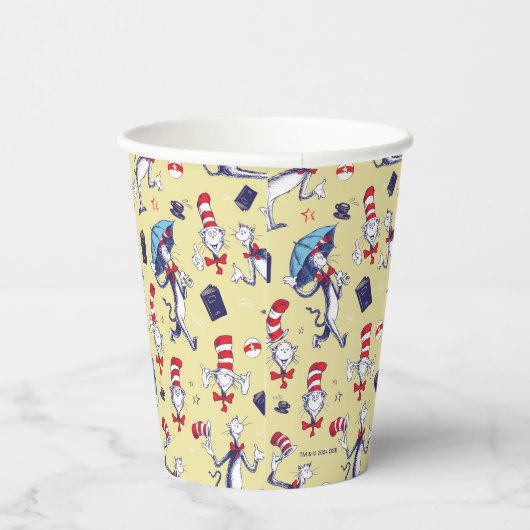 Kat in het Pet | geel patroon Papieren Bekers (Rechts)