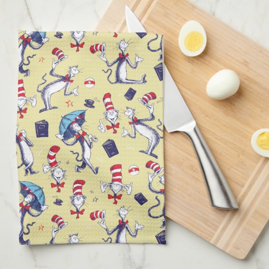 Kat in het Pet | geel patroon Theedoek (Quarter Fold)