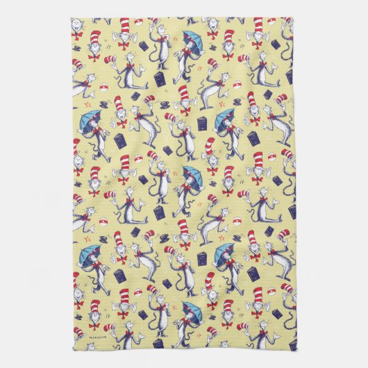 Kat in het Pet | geel patroon Theedoek (Verticaal)