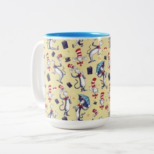 Kat in het Pet | geel patroon Tweekleurige Koffiemok (Voorkant links)