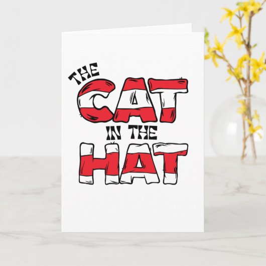 Kat in het Pet | Rood en wit gestreepte tekst Kaart (Gele Bloem)