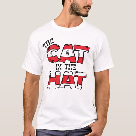 Kat in het Pet | Rood en wit gestreepte tekst T-shirt (Voorkant)