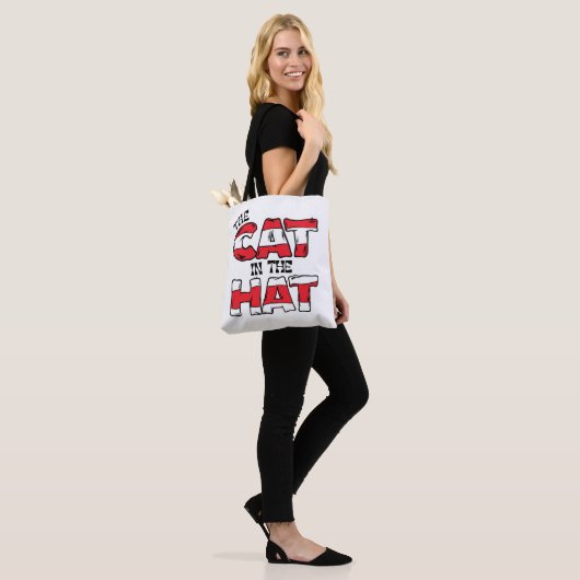 Kat in het Pet | Rood en wit gestreepte tekst Tote Bag (Op model)