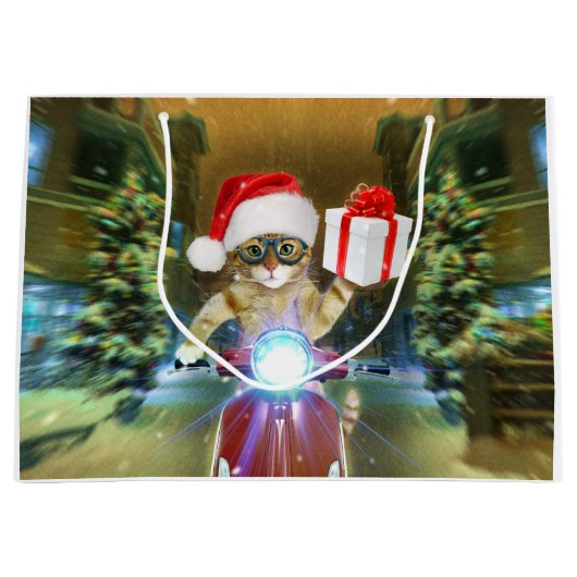 Kat in het Santa Claus-pet biedt kerstcadeau Groot Cadeauzakje (Voorkant)