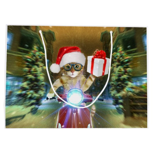 Kat in het Santa Claus-pet biedt kerstcadeau Groot Cadeauzakje (Achterkant)