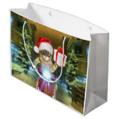 Kat in het Santa Claus-pet biedt kerstcadeau Groot Cadeauzakje (Achterkant Gekanteld)