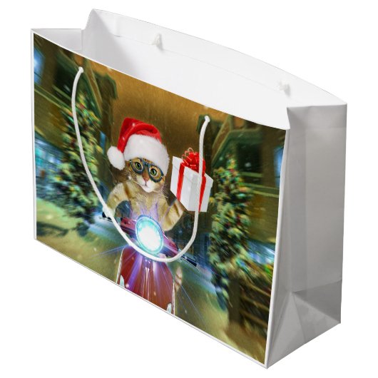 Kat in het Santa Claus-pet biedt kerstcadeau Groot Cadeauzakje (Achterkant Gekanteld)