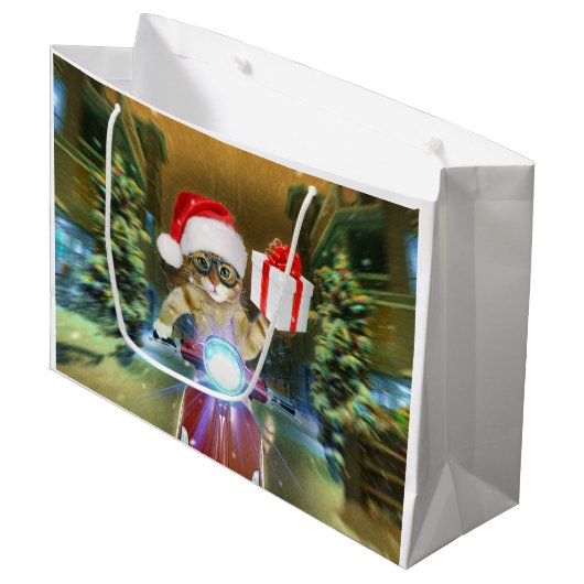 Kat in het Santa Claus-pet biedt kerstcadeau Groot Cadeauzakje (Voorkant Gekanteld)