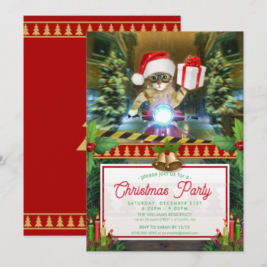 Kat in het Santa Claus-pet biedt kerstcadeau Kaart (Voorkant / Achterkant)