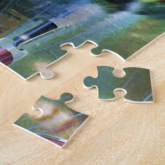 Kat in het Santa Claus-pet biedt kerstcadeau Legpuzzel (Zijkant)