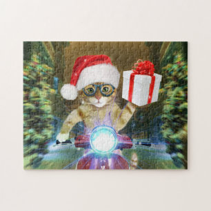 Kat in het Santa Claus-pet biedt kerstcadeau Legpuzzel