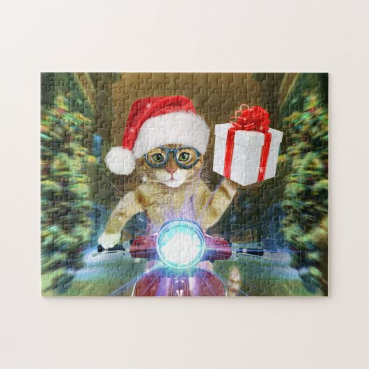 Kat in het Santa Claus-pet biedt kerstcadeau Legpuzzel (Horizontaal)