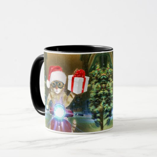 Kat in het Santa Claus-pet biedt kerstcadeau Mok (Voorkant links)