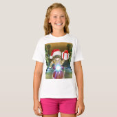 Kat in het Santa Claus-pet biedt kerstcadeau T-shirt (Voorkant volledig)