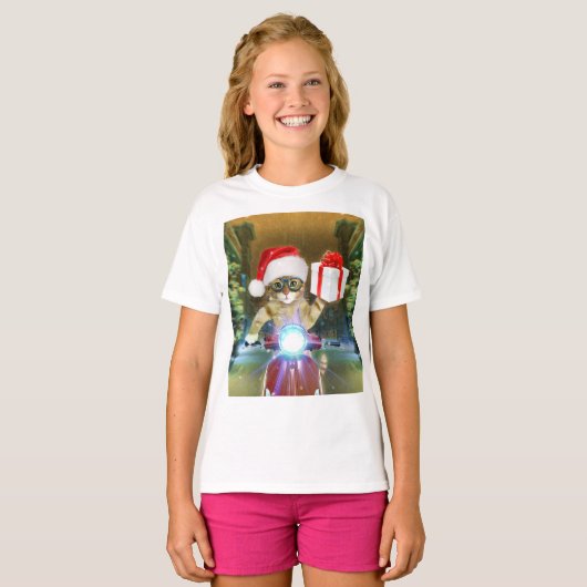 Kat in het Santa Claus-pet biedt kerstcadeau T-shirt (Voorkant volledig)