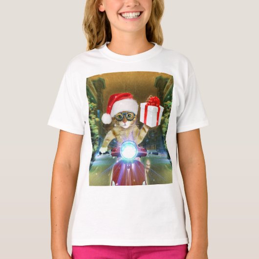 Kat in het Santa Claus-pet biedt kerstcadeau T-shirt (Voorkant)
