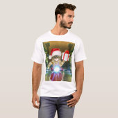 Kat in het Santa Claus-pet biedt kerstcadeau T-shirt (Voorkant volledig)