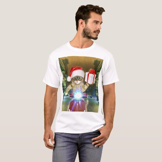 Kat in het Santa Claus-pet biedt kerstcadeau T-shirt (Voorkant volledig)