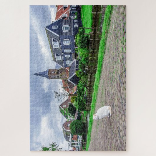 Kat in het traditionele vissersdorp legpuzzel (Verticaal)