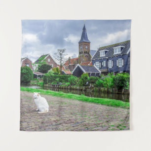 Kat in het traditionele vissersdorp wandkleed